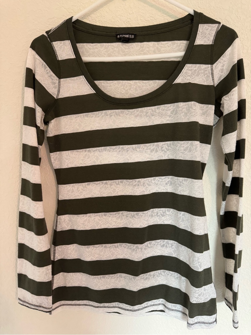 Express Olive Green and White Striped Long Sleeve Scoop Top